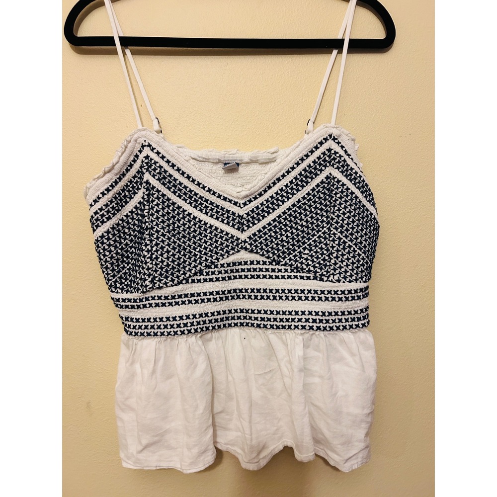Old Navy Peplum Cami Women XL White Navy Blue Excellent Embroidered‎ Smocked Top